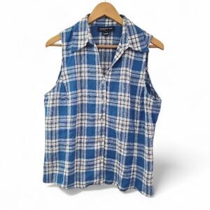 Jones New York Linen Button Front Top Women’s L Blue Plaid Summer Travel Resort